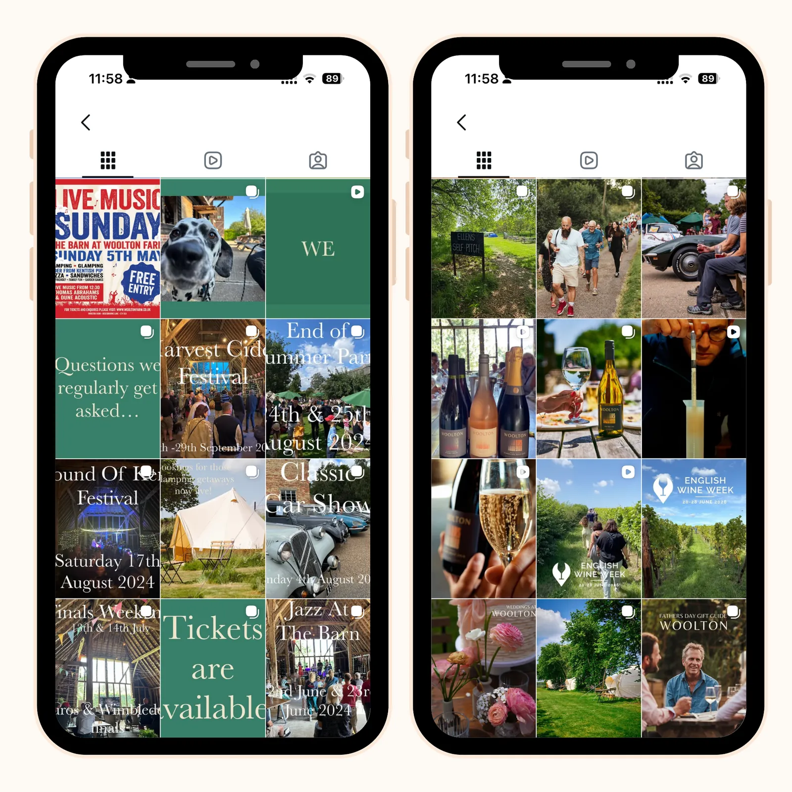 Account 01 — Venue & events: the grid we inherited on the left, the grid we run now on the right