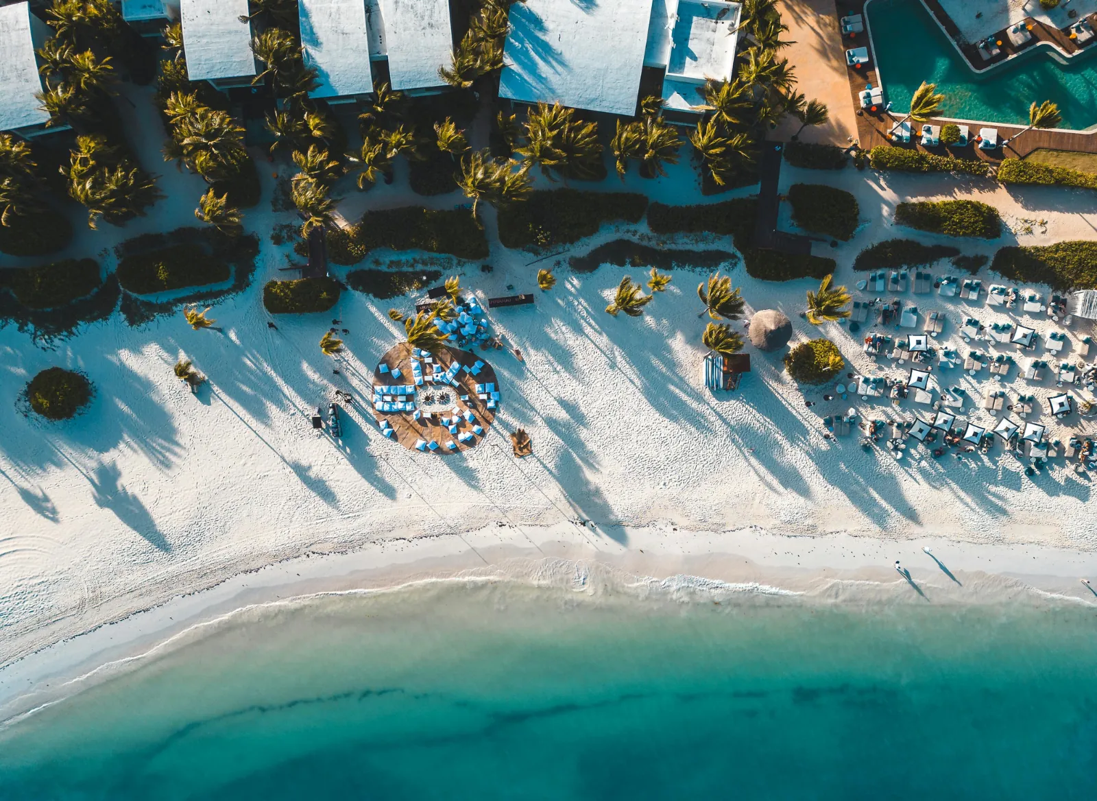 Aerial view of a beach resort at golden hour